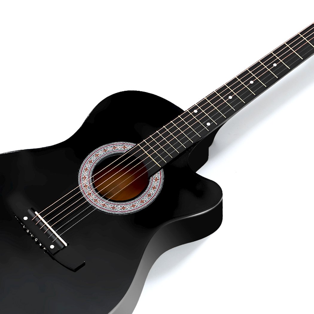 BoPeep 38 Inch Wooden Folk Acoustic Guitar with a sleek black finish and cutaway design, showcasing its laminated linden body and Eco-Rosewood fingerboard.